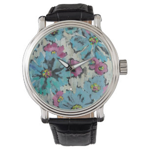 Grafisch roze en Blauwe Floral Horloge