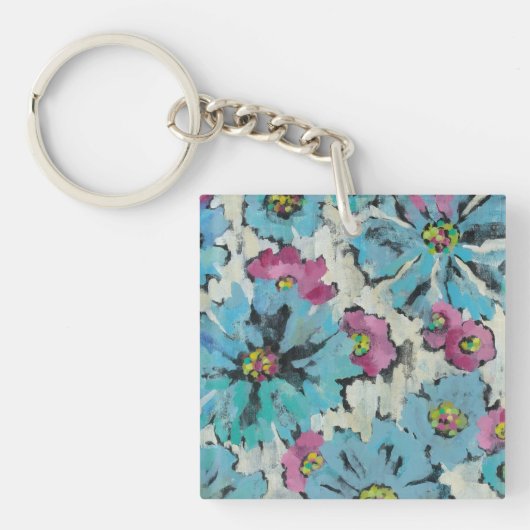 Grafisch roze en Blauwe Floral Sleutelhanger (Voorkant)