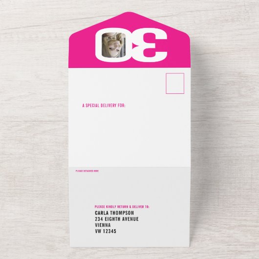 Grafisch roze fotocirkels 30e verjaardag drie oh all in one uitnodiging (Buitenkant)