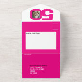 Grafisch roze wit vier foto's 50ste verjaardagsfee all in one uitnodiging (Buitenkant)