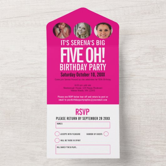 Grafisch roze wit vier foto's 50ste verjaardagsfee all in one uitnodiging (Binnen)