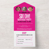 Grafisch roze witte fotocirkels 60e verjaardag  all in one uitnodiging (Binnen)