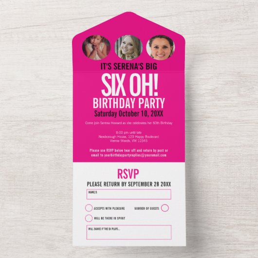 Grafisch roze witte fotocirkels 60e verjaardag all in one uitnodiging (Binnen)