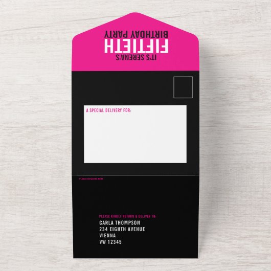 Grafisch roze zwarte fotocirkels 50e verjaardag all in one uitnodiging (Buitenkant)