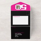 Grafisch roze zwarte fotocirkels 50e verjaardag all in one uitnodiging (Buitenkant)
