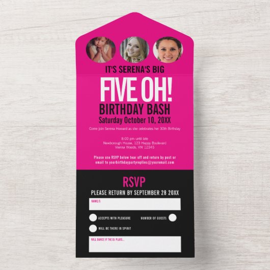 Grafisch roze zwarte fotocirkels 50e verjaardag all in one uitnodiging (Binnen)