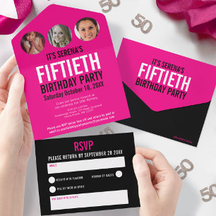Grafisch roze zwarte fotocirkels 50e verjaardag all in one uitnodiging
