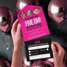 Grafisch roze zwarte fotocirkels 50e verjaardag all in one uitnodiging