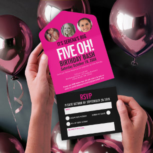 Grafisch roze zwarte fotocirkels 50e verjaardag all in one uitnodiging