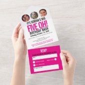 Grafisch roze zwarte fotocirkels 50e verjaardag all in one uitnodiging (Afscheurbaar)