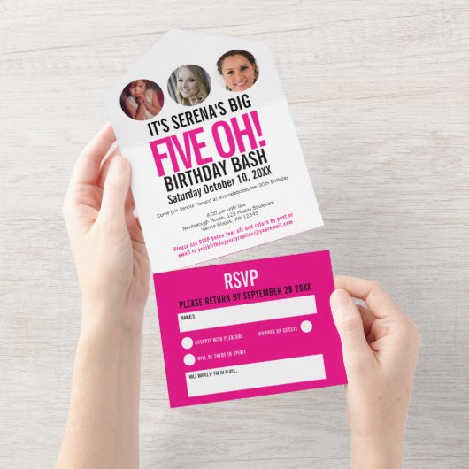 Grafisch roze zwarte fotocirkels 50e verjaardag all in one uitnodiging (Afscheurbaar)