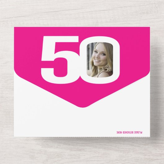 Grafisch roze zwarte fotocirkels 50e verjaardag all in one uitnodiging (Achterkant)