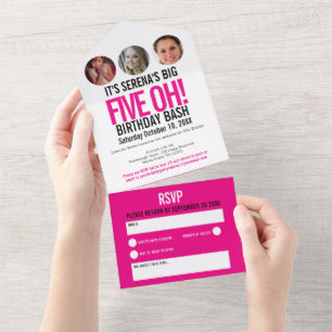 Grafisch roze zwarte fotocirkels 50e verjaardag all in one uitnodiging