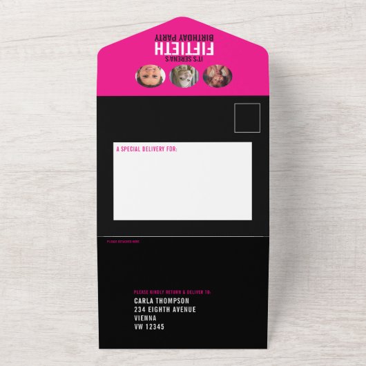 Grafisch roze zwarte fotocirkels 50e verjaardag all in one uitnodiging (Buitenkant)