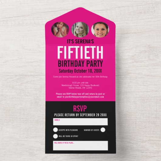 Grafisch roze zwarte fotocirkels 50e verjaardag all in one uitnodiging (Binnen)