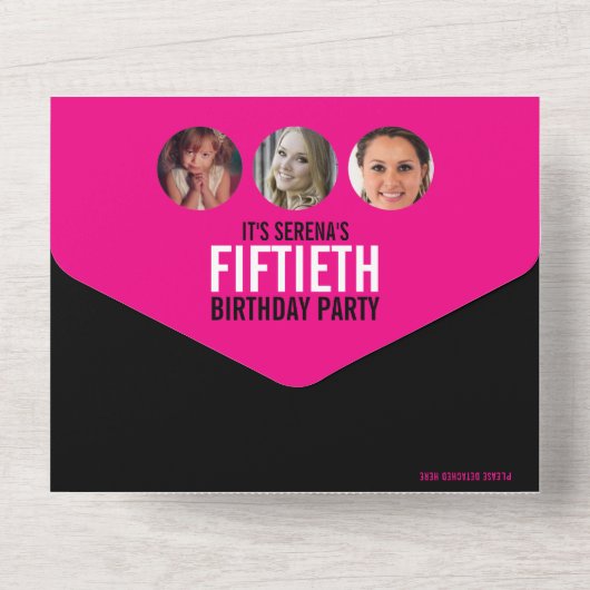 Grafisch roze zwarte fotocirkels 50e verjaardag all in one uitnodiging (Achterkant)