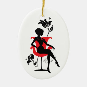 Grafisch silhouet van een vrouw die in een rode st keramisch ornament