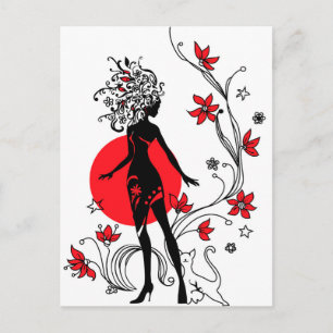 Grafisch silhouet van een vrouw op de florale acht briefkaart