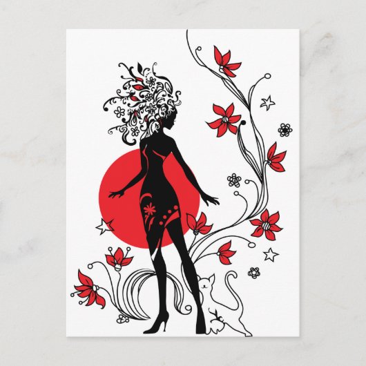 Grafisch silhouet van een vrouw op de florale acht briefkaart (Voorkant)