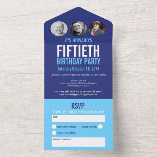 Grafische blauwe cyaan fotocirkels 50ste verjaarda all in one uitnodiging (Binnen)