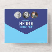 Grafische blauwe cyaan fotocirkels 50ste verjaarda all in one uitnodiging (Achterkant)