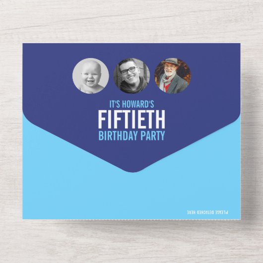 Grafische blauwe cyaan fotocirkels 50ste verjaarda all in one uitnodiging (Achterkant)