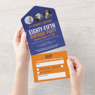 Grafische blauwe oranje fotocirkels 85e verjaardag all in one uitnodiging
