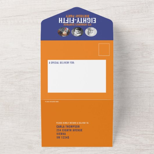 Grafische blauwe oranje fotocirkels 85ste verjaard all in one uitnodiging (Buitenkant)