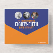 Grafische blauwe oranje fotocirkels 85ste verjaard all in one uitnodiging (Achterkant)