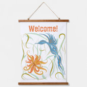 Grafische Blauwe Vogel en Paradijsvogel Hangend Wandkleed (Voorkant)