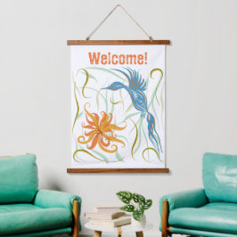 Grafische Blauwe Vogel en Paradijsvogel Hangend Wandkleed