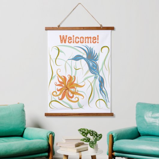 Grafische Blauwe Vogel en Paradijsvogel Hangend Wandkleed (Woonkamer)