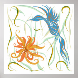 Grafische Blauwe Vogel en Paradijsvogel Poster