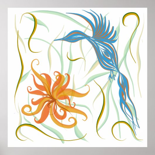 Grafische Blauwe Vogel en Paradijsvogel Poster (Voorkant)