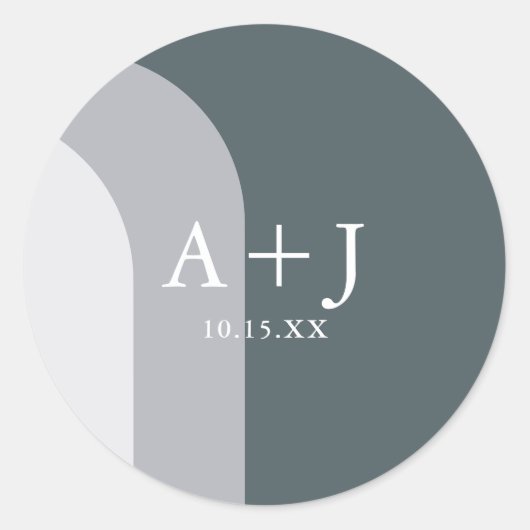 Grafische blauwe wapenmonogram en datum huwelijk ronde sticker (Voorkant)