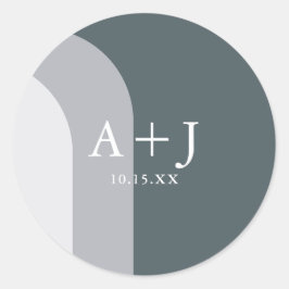 Grafische blauwe wapenmonogram en datum huwelijk ronde sticker