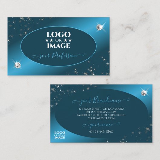 Grafische Blauwgroen gradiënt Glitter Stars Diamon Visitekaartje (Voorkant / Achterkant)