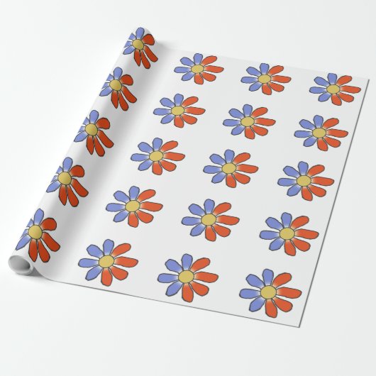 Grafische bloemen splitsen rood blauw op elke kleu cadeaupapier (Uitgerold)