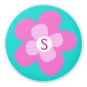 Grafische bloemroze aqua monogram knop (Voorkant)