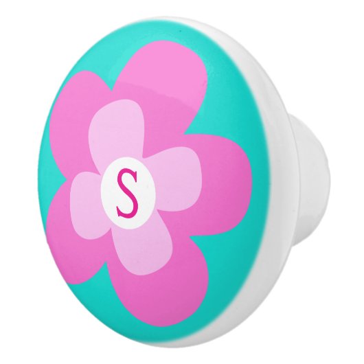Grafische bloemroze aqua monogram knop (Rechts)