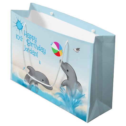 Grafische Dolfijn Splash Volleybal Ocean Verjaarda Groot Cadeauzakje (Voorkant Gekanteld)