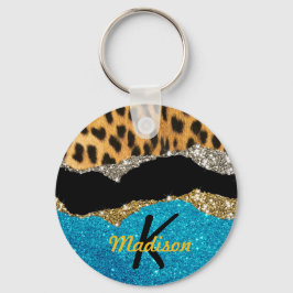 Grafische girale dierlijke drukturquoise glitter m sleutelhanger