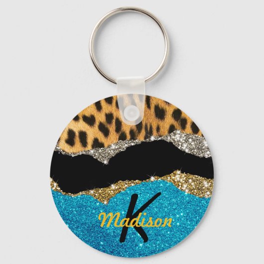 Grafische girale dierlijke drukturquoise glitter m sleutelhanger (Voorkant)