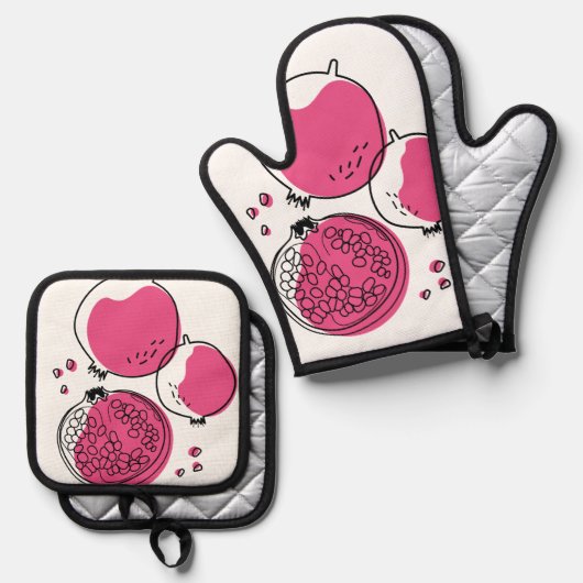 Grafische granaatappel. ovenwant & pannenlap set (Voorkant / Achterkant)