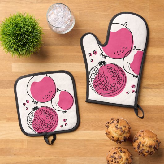 Grafische granaatappel. ovenwant & pannenlap set (Top down)