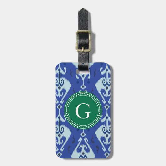 Grafische groene blauwe ikat tribaal monogram bagagelabel (Voorkant verticaal)