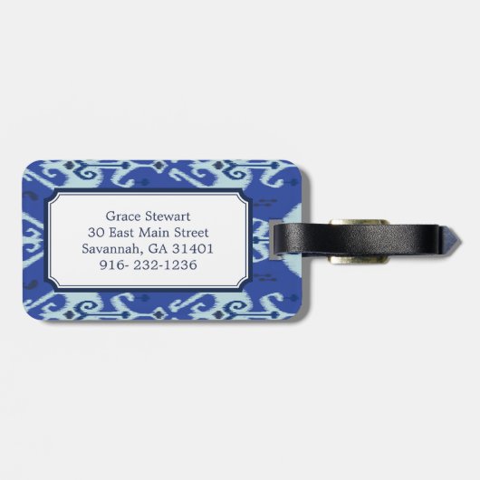 Grafische groene blauwe ikat tribaal monogram bagagelabel (Achterkant horizontaal)