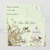 Grafische groene vogelkooi, liefdesvogels redden d aankondigingskaart (Voorkant / Achterkant)