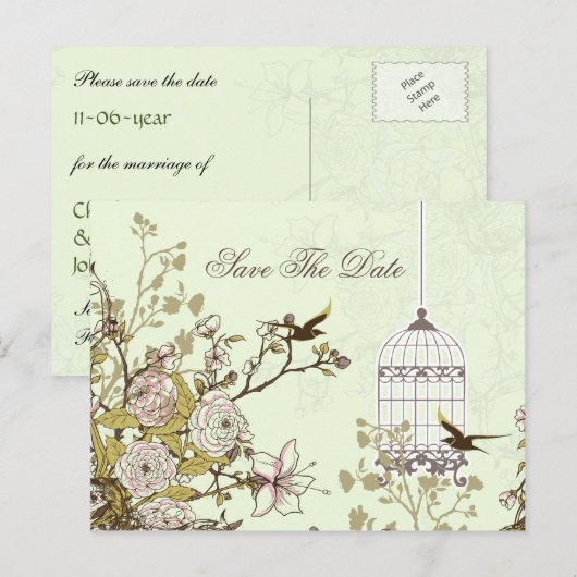 Grafische groene vogelkooi, liefdesvogels redden d aankondigingskaart (Voorkant / Achterkant)