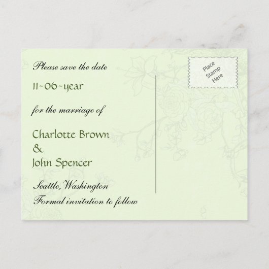 Grafische groene vogelkooi, liefdesvogels redden d aankondigingskaart (Achterkant)